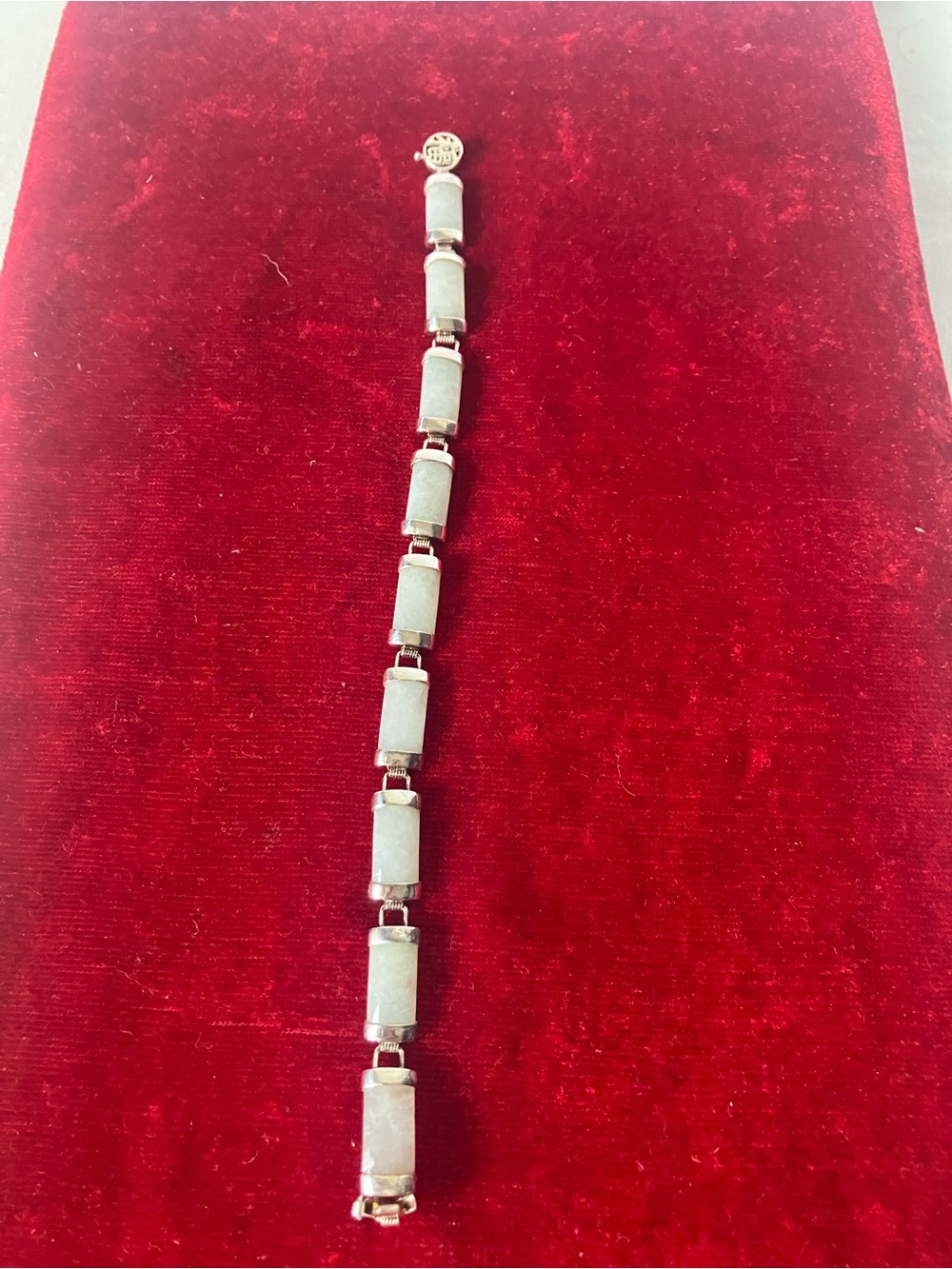 Vtg Chinese 925 Sterling Silver Pale Green Jadeite Panel Link Bar Bracelet FU 7”
